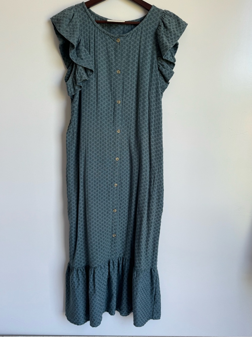 Cecilie Copenhagen Teal Green Maxi Dress with Ruffle Sleeves